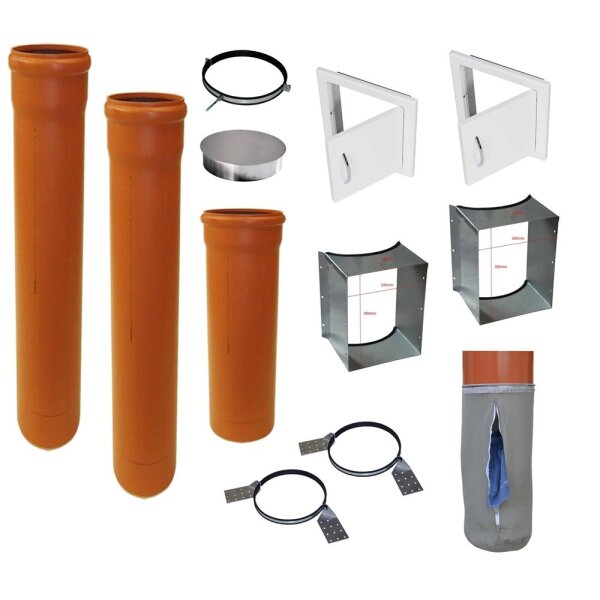 Wäscheschacht durch zwei Etagen, 1x Einwurf vorne - Komplettset 5 Ø 250 mm PVC-Kanal-Rohr