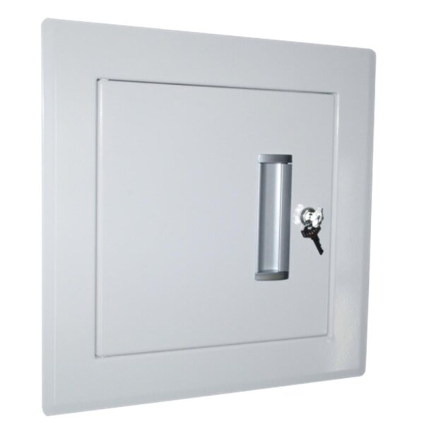 Wäscheabwurf Einwurftüre 300x300 mm, Anschluss eckig - mit Schloss, mit Dichtung mit Griffmulde 340x340mm