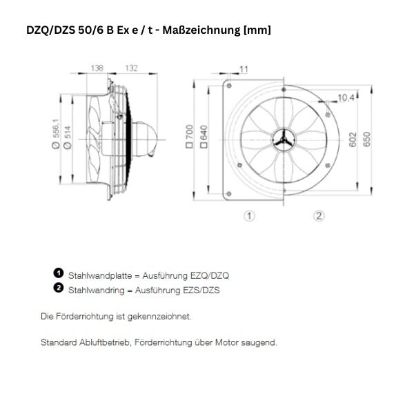 Maico Axial-Wandventilator DZS 50/6 B Ex e Stahlring, Drehstrom, Ex-Schutz, DN500