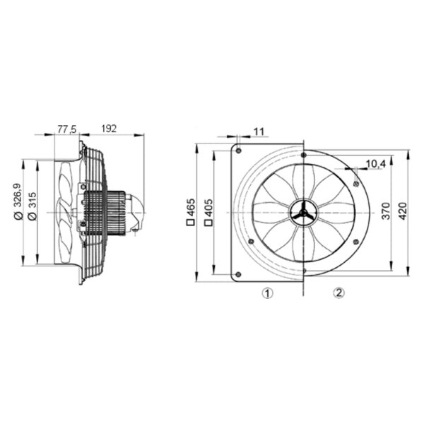 Maico Axial-Wandventilator DZQ 30/2 B quadrat. Wandplatte, Drehstrom, DN300